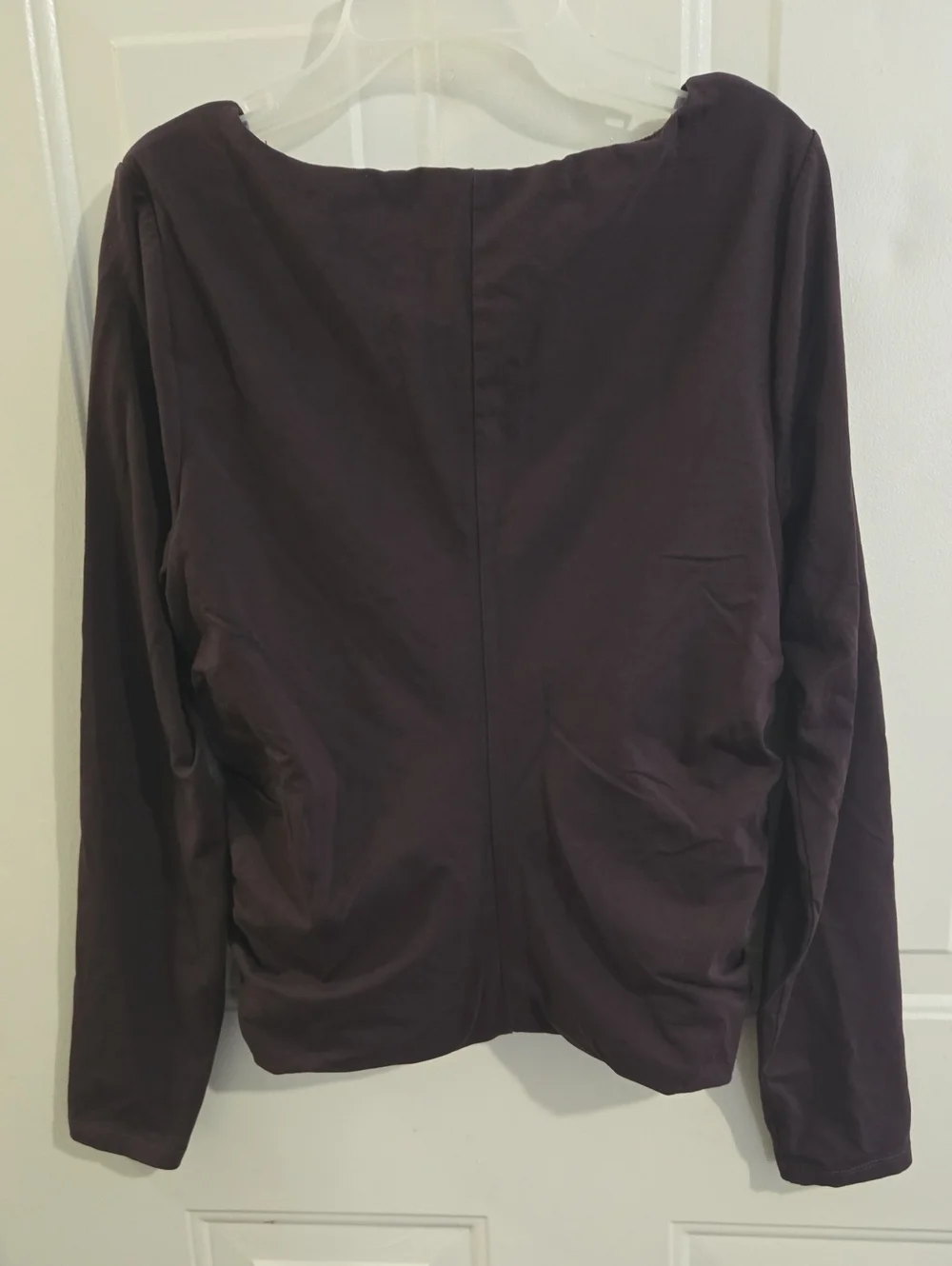 J. Crew Chocolate Brown Ruched V-Neck Knit Long Sleeve Cotton Stretch Top L Fall
